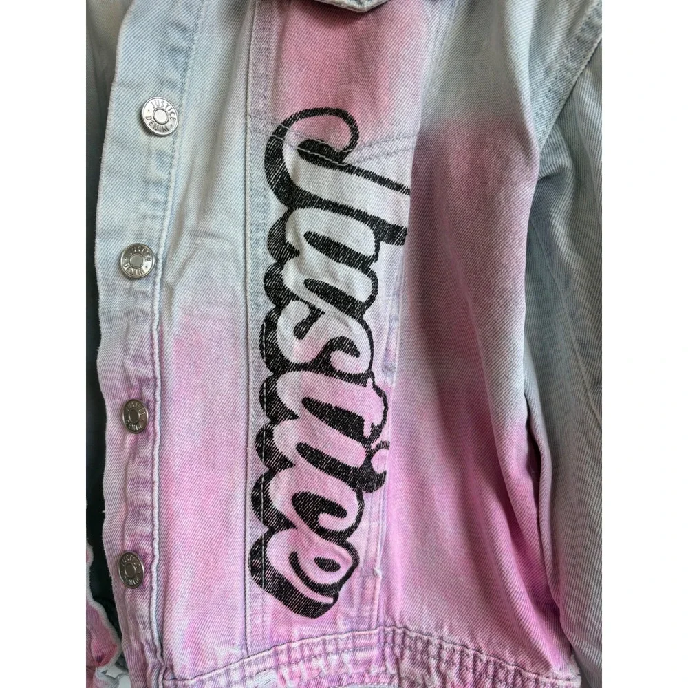 Justice Girls Denim Jacket Bazooka Ring Pop Tie Dye Graphic Distressed L 12/14